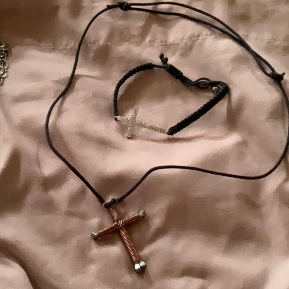 Cross bracelet and necklace with black rope